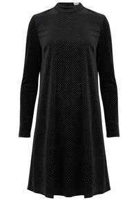 Černé sametové šaty s dlouhými rukávy, vysokým výstřihem, siluetou ve tvaru áčka a stříbrným puntíkovým vzorem rovnoměrně rozloženým po celém povrchu.
