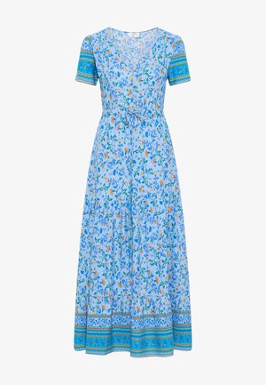 Mėlyna gėlių suknelė, turinti trumpas rankoves, V formos iškirpimą, įtempimą juosmens srityje ir raštuotą apdailą prie apatinio krašto. Pagaminta iš lengvos medžiagos.