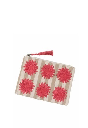 Beige and white striped fabric pouch with six embroidered red floral patterns and a red tassel on the zipper pull.