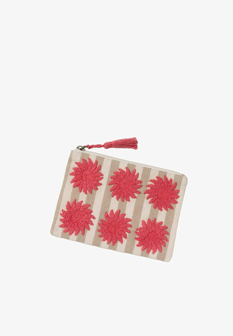 Beige and white striped fabric pouch with six embroidered red floral patterns and a red tassel on the zipper pull.