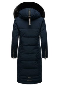 Navy puffer coat with a faux fur lined hood, long sleeves, front zippers, a quilted texture, and a branded tag at the neckline.