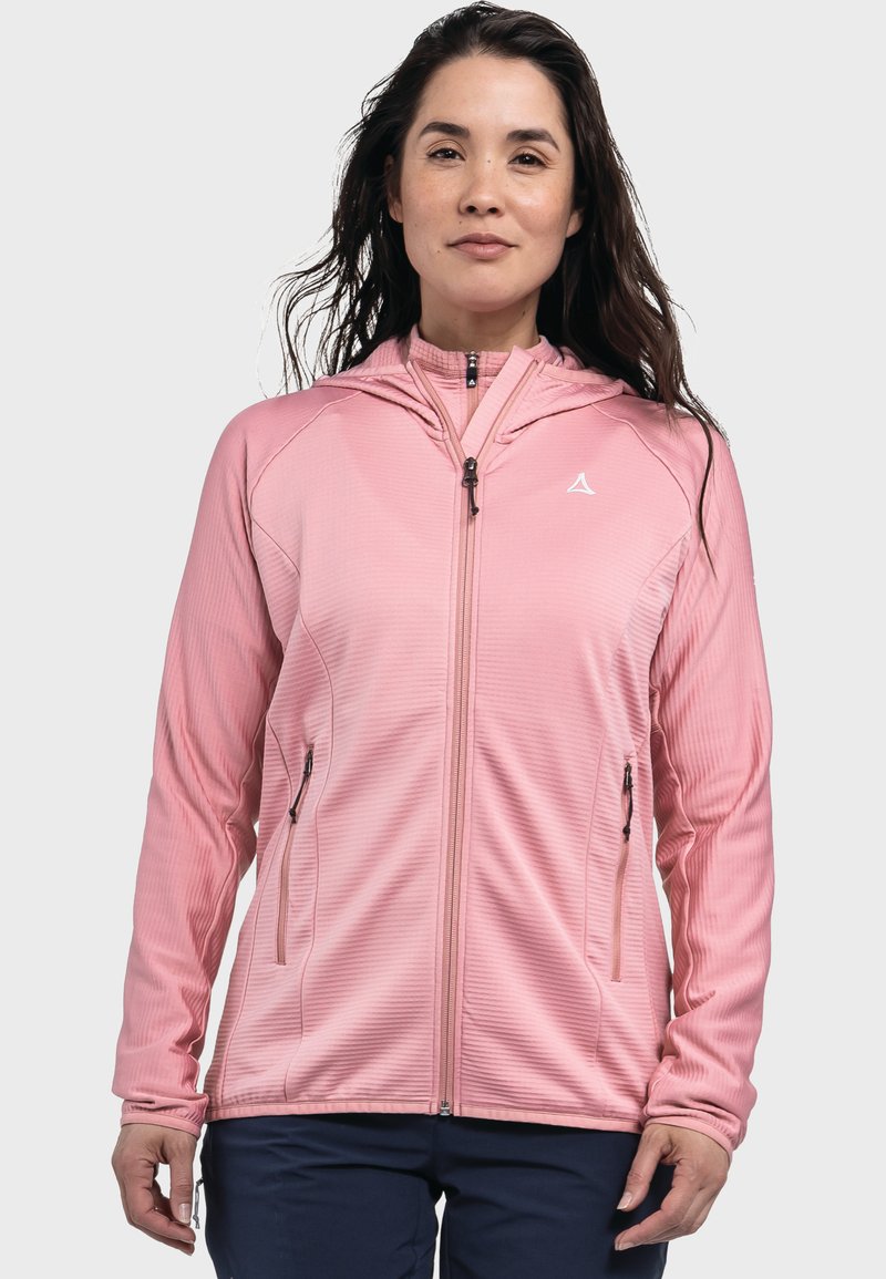 Giacca a zip rosa chiaro con cappuccio, caratterizzata da una texture a coste, due tasche con zip e un logo triangolare sul petto.