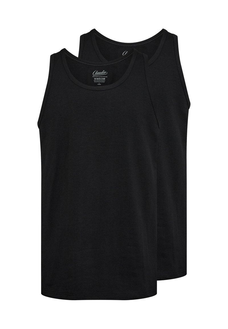 Sorte bomulds tanktoppe med en klassisk ærmeløs design, rund halsudskæring og en blød tekstur. To stykker vist stablet.