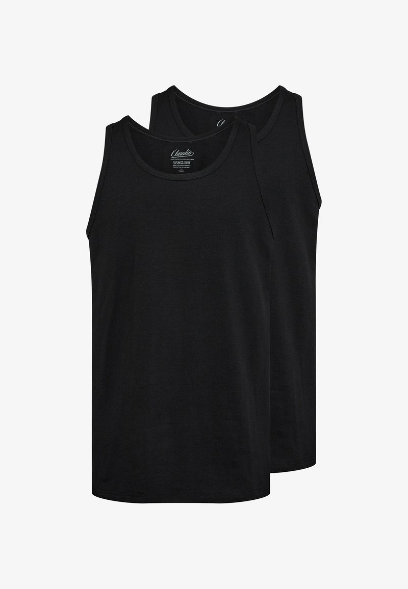 Black cotton tank tops, featuring a classic sleeveless design, round necklines, and a soft texture. Two pieces shown stacked.