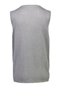 Grauer ärmelloser Pullover mit Rundhalsausschnitt, weicher Textur und geradem Schnitt. Verfügt über einen ribbelten Saum und keine sichtbaren Muster oder Akzente.