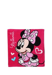 Růžový ručník s kreslenou postavičkou v puntíkované mašličce a šatech, doplněný detaily srdíček a jménem "Minnie" v bílé barvě.