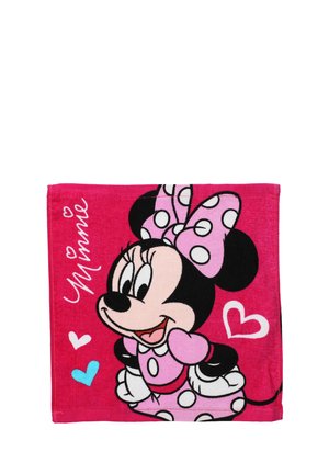 Serviette rose avec un personnage de dessin animé portant un nœud à pois et une robe, accompagnée de détails en forme de cœur et du nom "Minnie" en texte blanc.