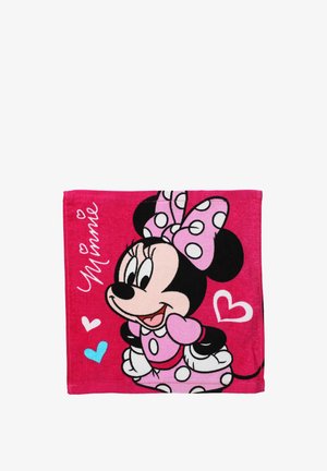 Asciugamano rosa con un personaggio dei cartoni animati che indossa un vestito e un fiocco a pois, accompagnato da dettagli a forma di cuore e il nome "Minnie" in testo bianco.