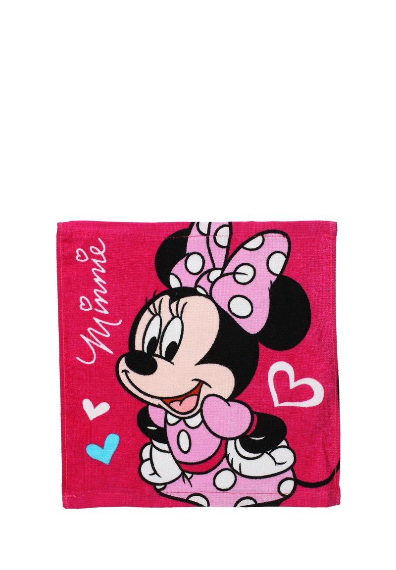Růžový ručník s kreslenou postavičkou v puntíkované mašličce a šatech, doplněný detaily srdíček a jménem "Minnie" v bílé barvě.