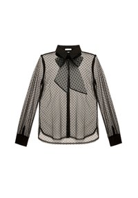 Schwarze durchsichtige Bluse mit Pünktchenmuster, langen Ärmeln, spitzem Kragen und Schleifen-Detail. Verfügt über schwarze Akzente und Knöpfe an der Vorderseite.