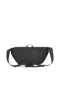 Borsa a tracolla nera imbottita con tracolla e manico regolabili; presenta una forma triangolare elegante e una superficie liscia. Inclusi due clip in metallo.