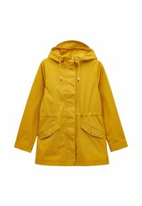 Geltona vandeniui atspari striukė su gobtuvu, priekinis užtrauktukas, dvi didelės kišenės, reguliuojamas raištelis juosmens srityje ir lygia apdaila.