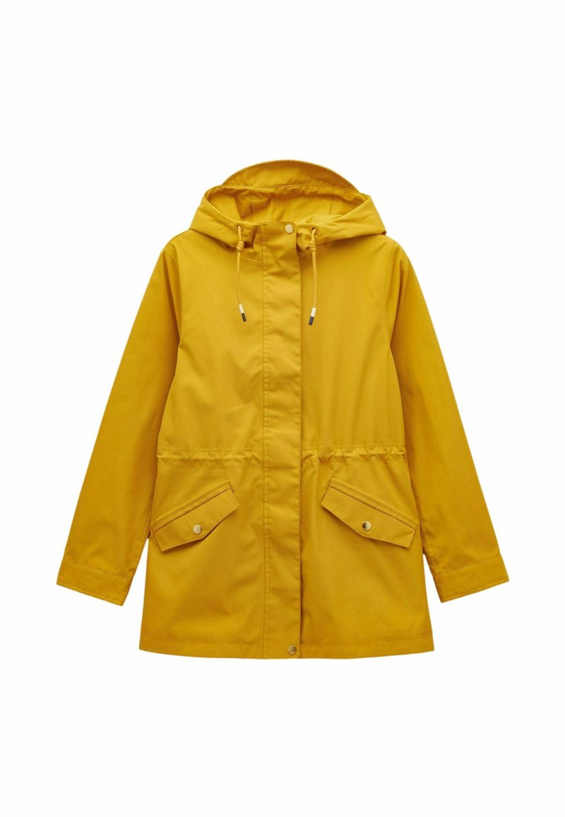 Geltona vandeniui atspari striukė su gobtuvu, priekinis užtrauktukas, dvi didelės kišenės, reguliuojamas raištelis juosmens srityje ir lygia apdaila.