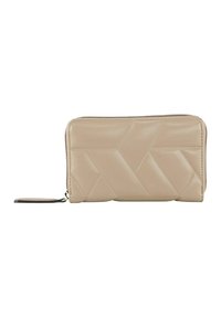 Portafoglio beige con design geometrico in rilievo, chiusura a zip e una piccola tracolla. Realizzato in un materiale liscio e resistente.