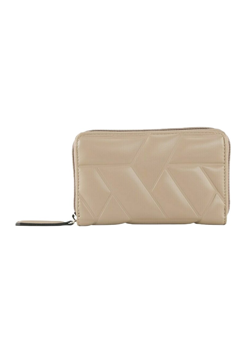 Portafoglio beige con design geometrico in rilievo, chiusura a zip e una piccola tracolla. Realizzato in un materiale liscio e resistente.