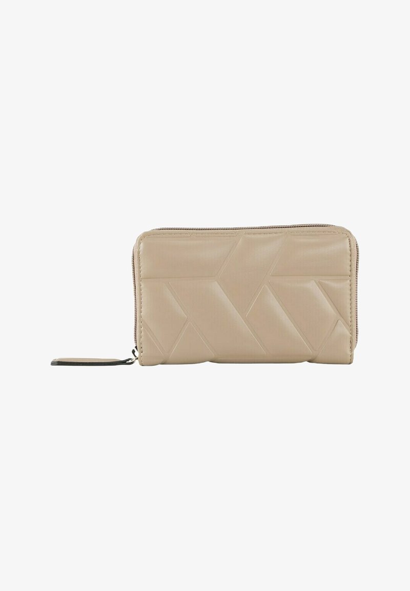 Beige wallet with geometric embossed design, zip closure, and a small strap. Made from smooth, durable material.