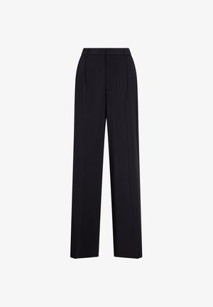 Weite, dunkelblaue Hosen aus glattem Stoff, mit hoher Taille, Einzelrauten und dezenten Steppdetails.