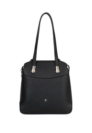 Czarna, fakturowana skórzana torebka na ramię z długimi paskami i srebrnymi elementami na białym tle.