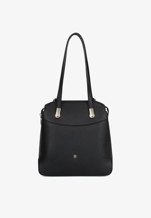 Sac à bandoulière en cuir noir texturé avec des longues lanières et des détails en métal argenté sur fond blanc.