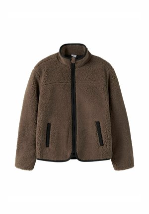 Veste polaire marron avec fermeture éclair intégrale à l'avant, col montant et deux poches latérales avec bordure noire.
