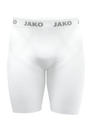 Pantaloncini da compressione bianchi senza cuciture con una fascia larga in vita con il nome del marchio JAKO in lettere grigie.