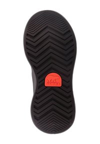 Schwarze Gummisohle mit Zickzack-Profil und rotem Sorel-Logo. Die strukturierte Oberfläche sorgt für Grip und Stabilität.