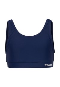 Granatowy biustonosz sportowy wykonany z gładkiego materiału, o szerokim dekolcie i ramiączkach, z logo umieszczonym na dolnej części przodu.