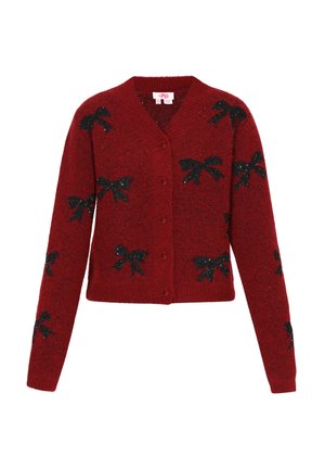 Rote Strickjacke mit kurzem Design, ausgestattet mit schwarzen Pailletten-Schleifenmustern und einer Knopfverschluss auf der Vorderseite. Lange Ärmel inklusive.