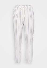 Calças de linho leves e respiráveis com cintura elástica, apresentando riscas verticais em azul e castanho sobre um fundo branco.