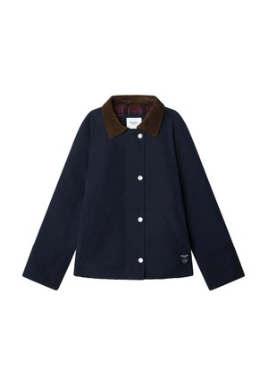 Veste bleu marine avec un col en velours côtelé marron, fermeture à boutons-pression, deux poches latérales et doublure intérieure à carreaux. Comprend une étiquette logo.