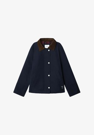 Marineblaue Jacke mit einem braunen Cordkragen, Druckknopfverschluss, zwei Seitentaschen und einer karierter Innenausstattung. Mit einem Markenschild versehen.