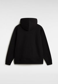 Zwarte katoen hoodie met een ruime capuchon, lange mouwen, ribbels aan de manchetten en onderkant. Gladde textuur zonder zichtbare patronen of versieringen.