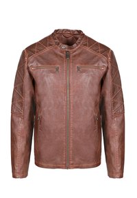 Brun läderjacka med kviltade axel- och ärmdetaljer, slim fit, med två dragkedjefickor och hög krage.