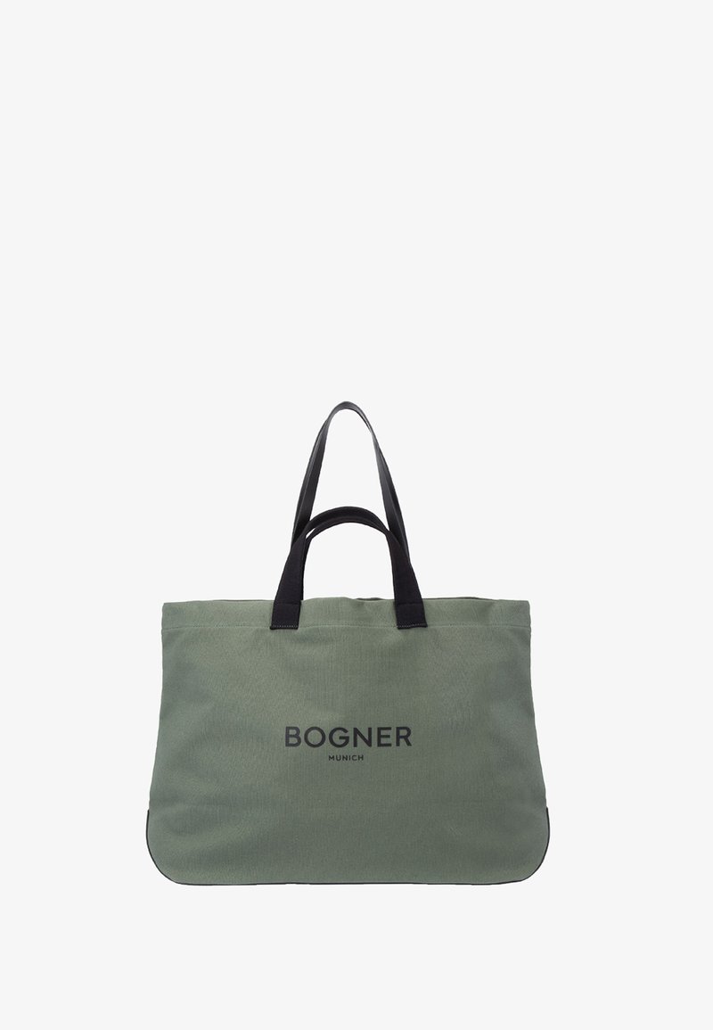 Stor olivengrøn skuldertaske med sorte håndtag og "BOGNER MUNICH" logo trykt i sort på forsiden i midten.