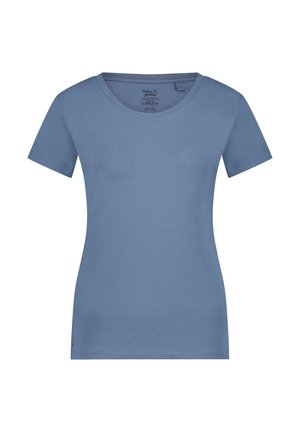 Helles blaues kurzärmliges Baumwoll-T-Shirt mit Rundhalsausschnitt und figurbetontem Schnitt. Glatte Textur mit einem dezenten Logoakzent am Saum.