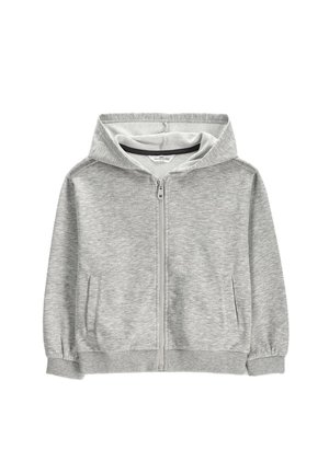 Light grey zip-up hoodie with hood, front pockets, and ribbed cuffs and hem, displayed on a white background.