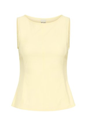 Top aderente senza maniche color giallo pallido con scollatura rotonda e sottili dettagli di cuciture sul davanti e sui lati.