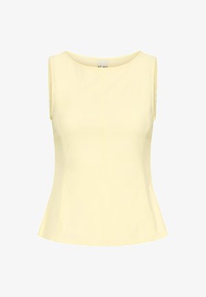 Haut ajusté sans manches jaune pâle avec un col rond et des détails subtils de coutures à l’avant et sur les côtés.