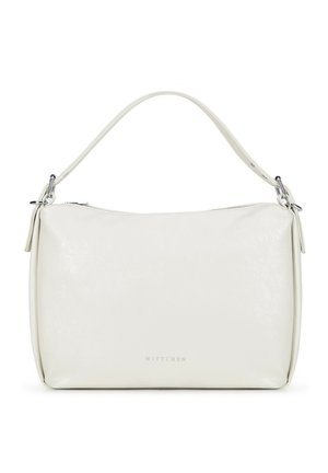 Borsa a spalla in pelle bianca con una texture liscia, un'unica tracolla e una chiusura a zip semplice. Presenta un logo del marchio discreto in argento.