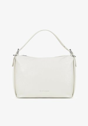 Borsa a spalla in pelle bianca con una texture liscia, un'unica tracolla e una chiusura a zip semplice. Presenta un logo del marchio discreto in argento.