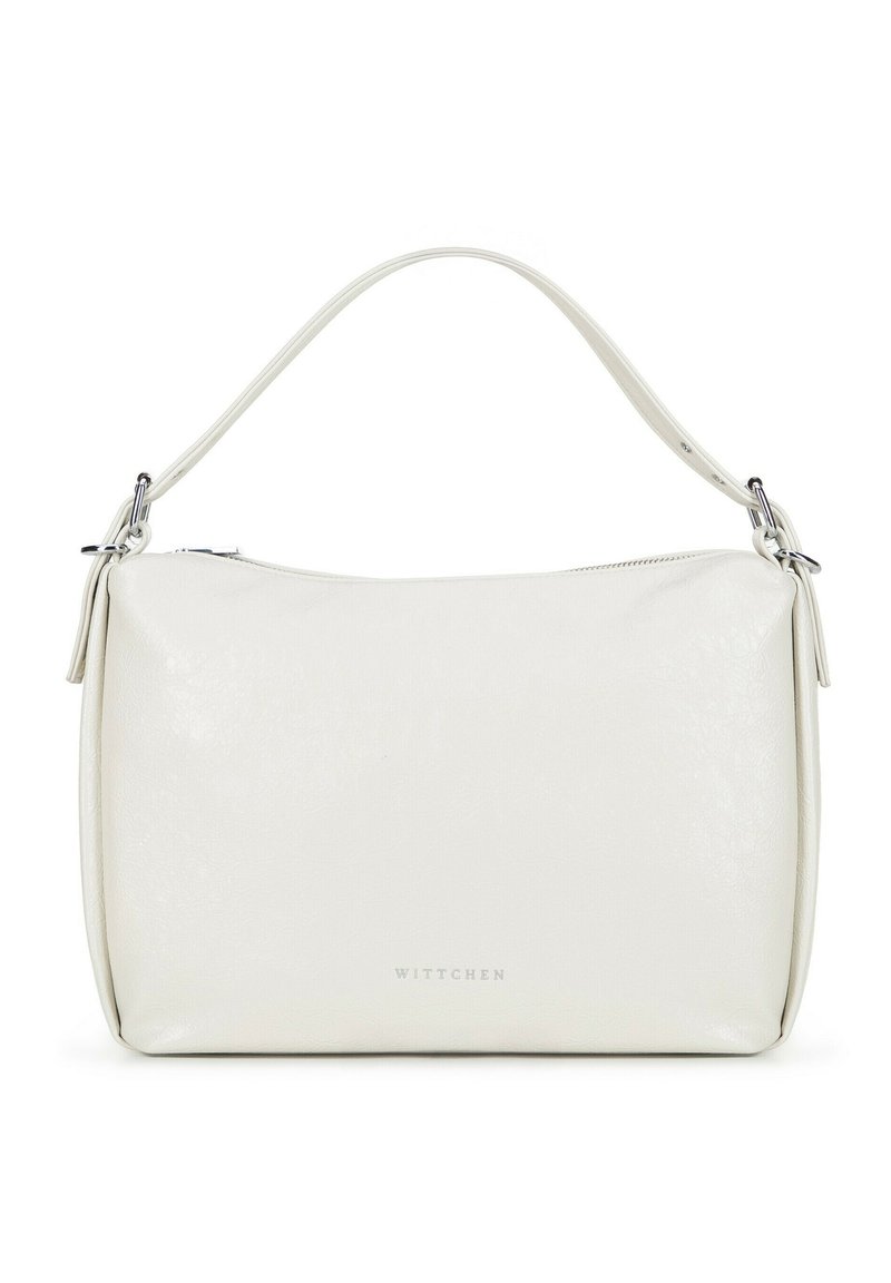 Biała skórzana torebka o gładkiej fakturze, z pojedynczym paskiem na ramię i prostym zapięciem na zamek. Posiada dyskretną logo marki w srebrnym kolorze.