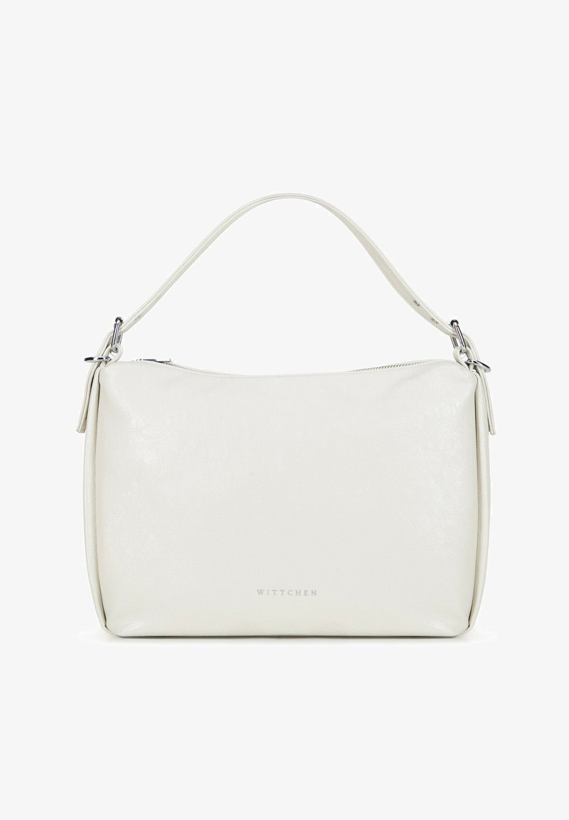 Biała skórzana torebka o gładkiej fakturze, z pojedynczym paskiem na ramię i prostym zapięciem na zamek. Posiada dyskretną logo marki w srebrnym kolorze.