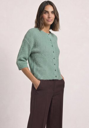 Femme portant un cardigan vert clair boutonné avec des manches trois-quarts et un pantalon large brun foncé, mains dans les poches, debout et souriante.