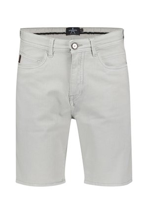 Lichtgrijze denimshorts met voorste knoop, riemlussen en vijf-zakkenstijl, merklabel aan de binnenkant van de tailleband.