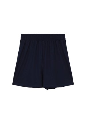 Shorts bleu marine avec taille élastique. Tissu doux, coupe décontractée, longueur mi-cuisse et design minimaliste sans motifs ni accessoires supplémentaires.