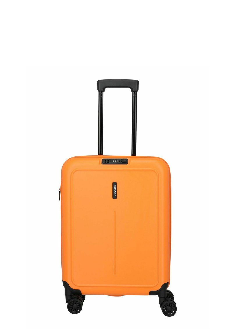 Oranger Hartschalenkoffer mit vier schwarzen Rädern, teleskopischem schwarzen Griff und integriertem Zahlenschloss.