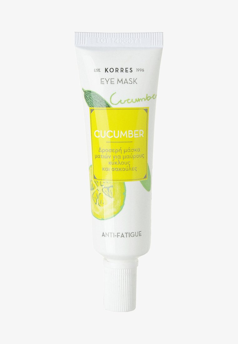 White tube with green and yellow accents, features a cucumber illustration. Label states "Cucumber Eye Mask," with "Anti-Fatigue" in gray.
