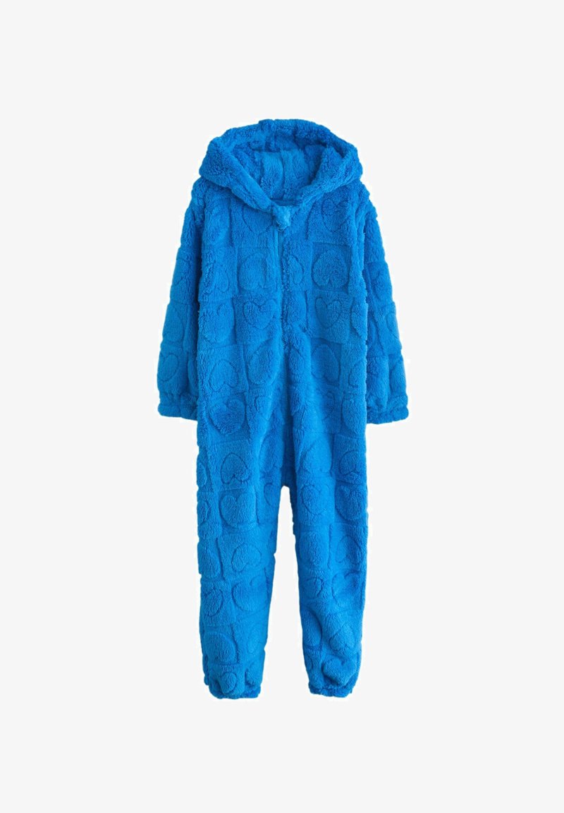 Sinine kohevate karvadega ühes tükis riiete komplekt, millel on kapuuts ja reljeefse südame mustriga tekstuur. Valmistatud pehmest ja luksuslikust materjalist, millel on venivad mansetid.