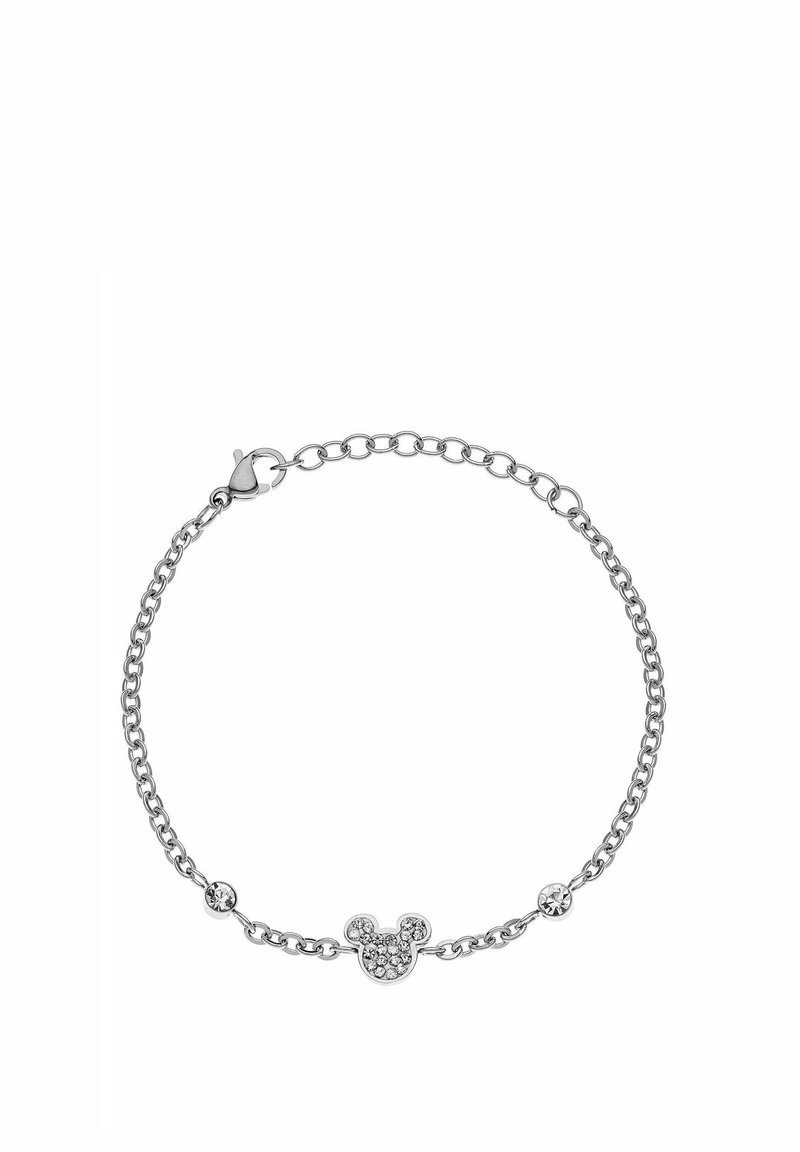 Bracciale in argento a catena con silhouette di Topolino e accenti di strass. I link variano in dimensione, arricchendo la texture e i dettagli del design.