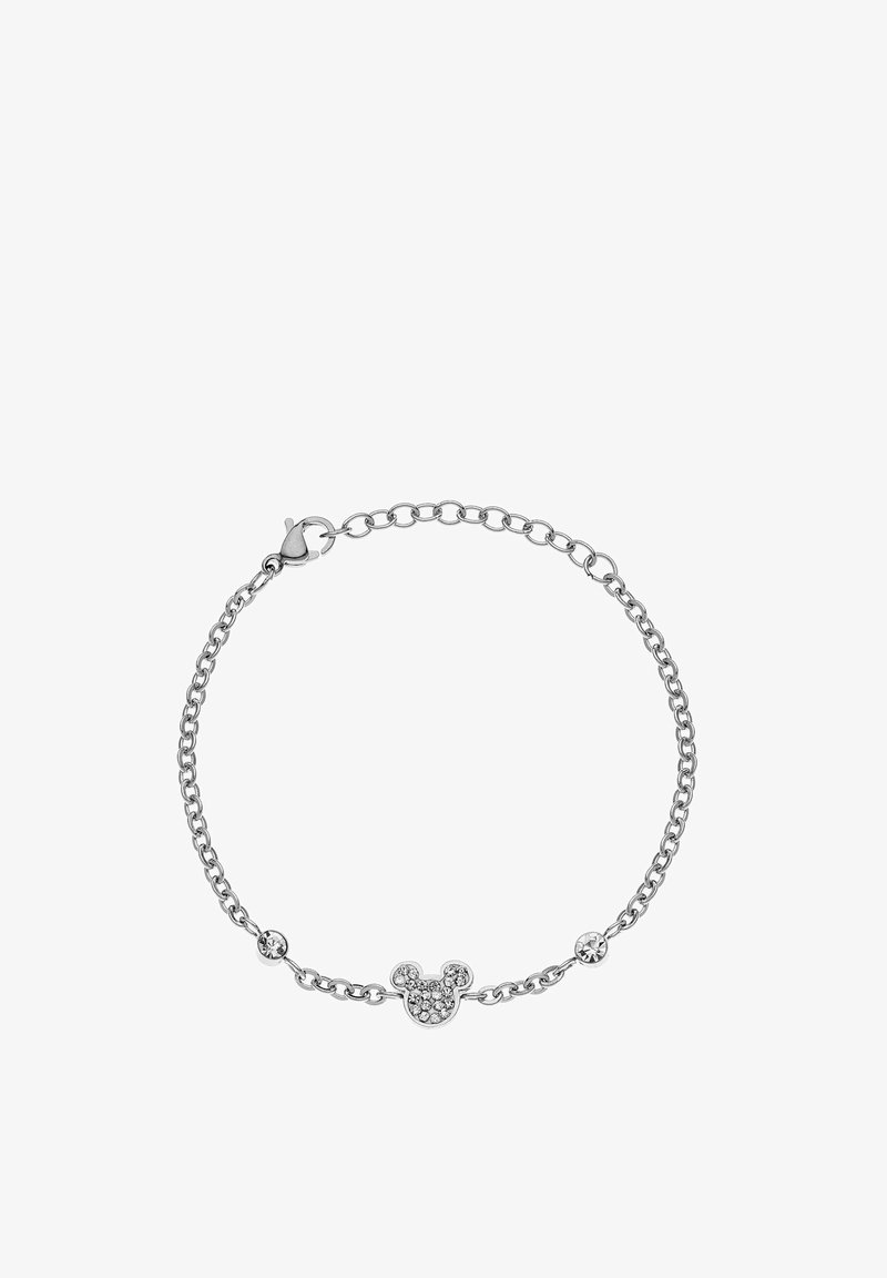 Bracciale in argento a catena con silhouette di Topolino e accenti di strass. I link variano in dimensione, arricchendo la texture e i dettagli del design.